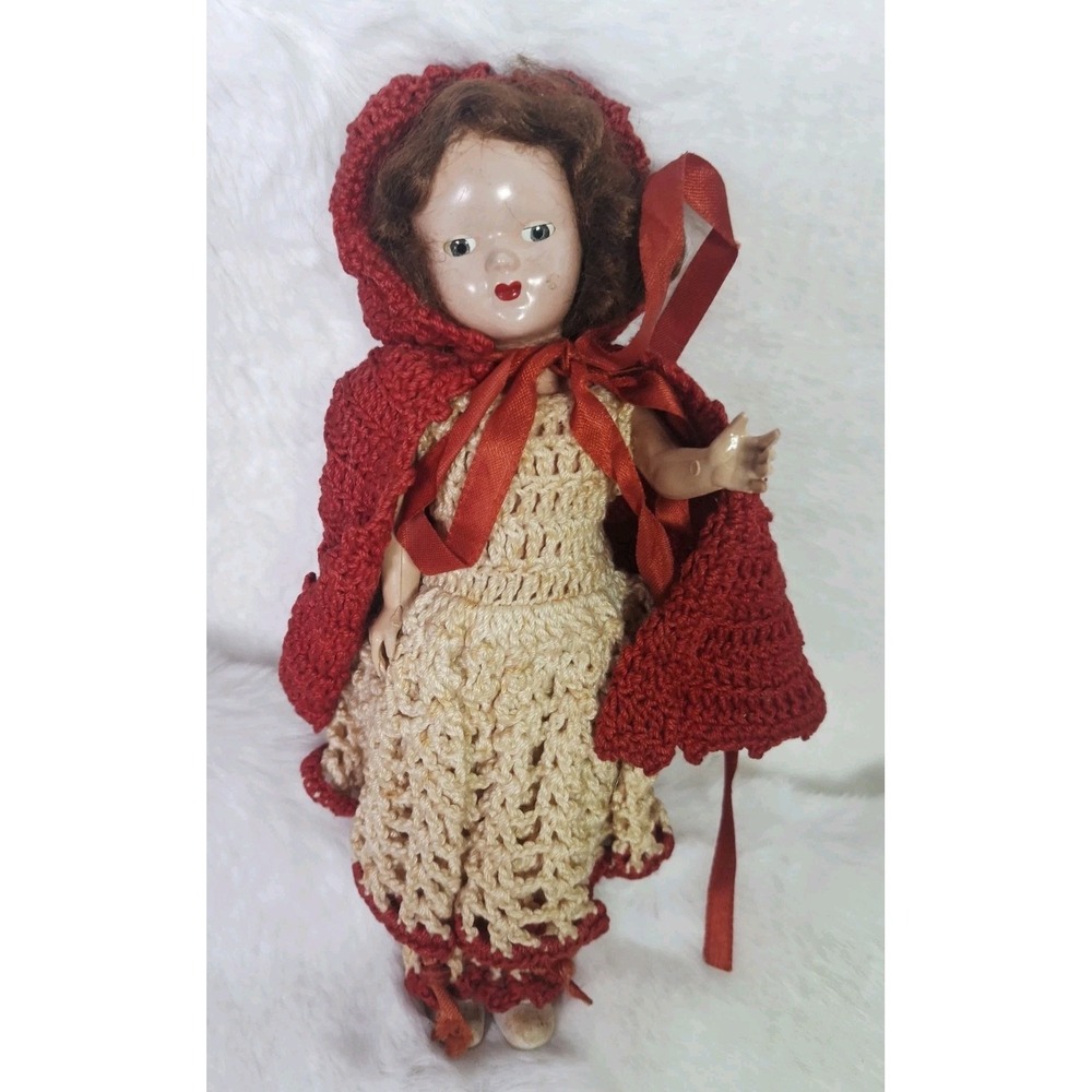 VTG Little Red Riding Hood Doll & Crochet Handmade Crochet Cape Dress Pants RARE